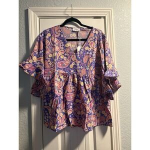 Emily Wonder Paisley Boho Blouse‎ Large Purple Pink Retro Ruffle Sleeve NWT